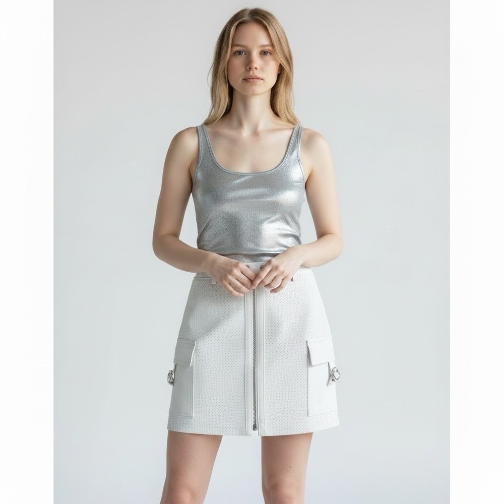 Y2K White Gray Perforated Genuine Leather Cargo Mini Skirt RiRi Zip Size‎ 2 Rare
